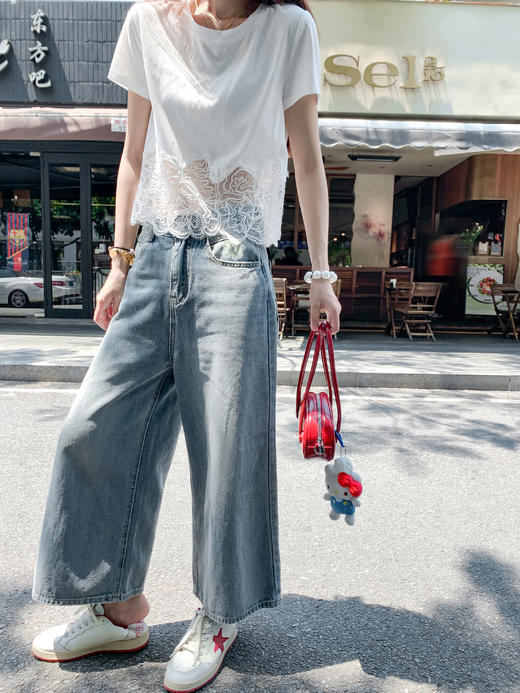 <曾小咸推荐>纯欲不规则蕾丝花边短袖T恤 商品图8