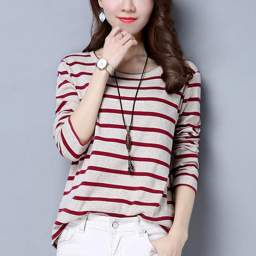 丁摩 长袖T恤女宽松大码新款春秋体恤打底衫春季条纹上衣5ZF-7059 商品图3