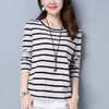 丁摩 长袖T恤女宽松大码新款春秋体恤打底衫春季条纹上衣5ZF-7059 商品缩略图1