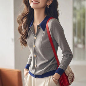 XMZ1049灰色拼接polo领针织衫女士秋冬季高级洋气打底开衫显瘦设计感上衣