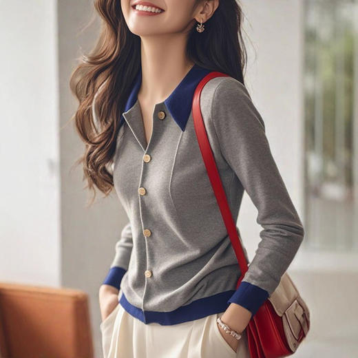 XMZ1049灰色拼接polo领针织衫女士秋冬季高级洋气打底开衫显瘦设计感上衣 商品图0