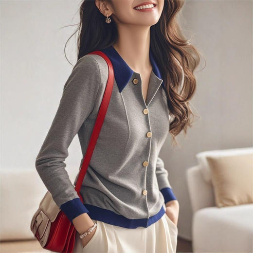XMZ1049灰色拼接polo领针织衫女士秋冬季高级洋气打底开衫显瘦设计感上衣 商品图1