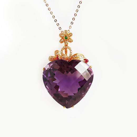 【天然正品】AU750玫瑰金镶钻镶天然近全净体心形巴西紫水晶吊坠项链链长：45CM（长度可调节）女士150925TJ28现售价：5280 商品图0