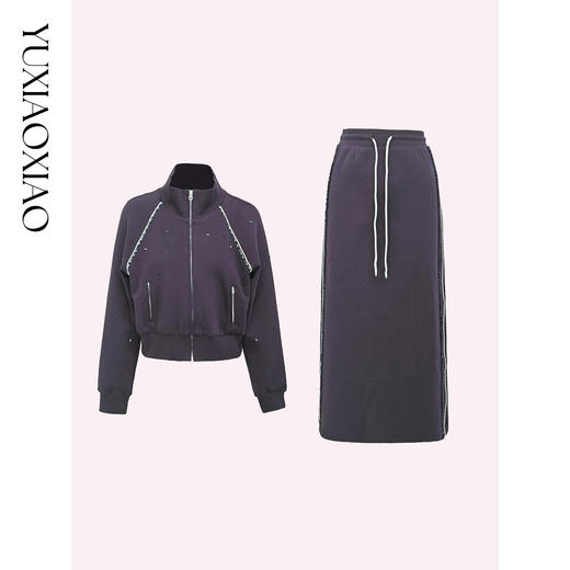 余潇潇【心动西区】棉感手工缝钻设计立领外套&抽绳直筒长半裙 商品图4