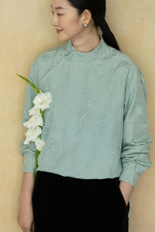 牧衣游原创 重磅28姆米丝棉提花衬衫新款温婉立领中式衬衣 山川 商品图5