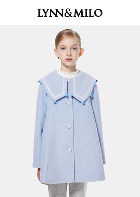 【春上新】8楼琳麦罗 LYNN&MILO 蓝色双面呢八字绣翻领A摆大衣