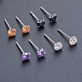 丁摩 S925纯银多色锆石四爪耳钉女生简约免摘养耳洞银耳针耳饰5ZF-1052