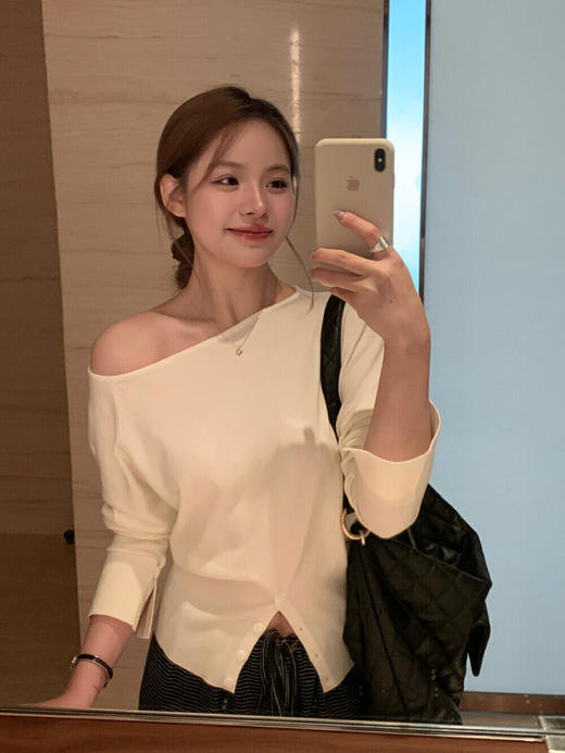 会员福利【性感斜肩+绵羊毛】拉夏贝尔/La Chapelle不规则设计感斜肩开衩气质长袖针织衫超高性价比 商品图11