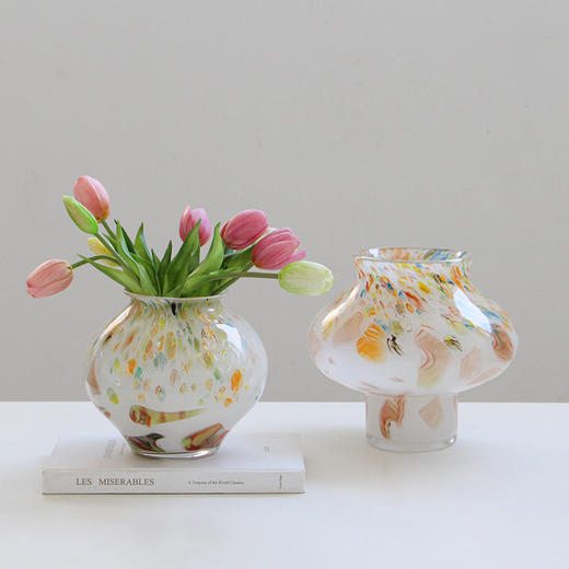 中古玻璃混彩小口圆形花瓶酒店样板房干花鲜花复古轻奢软装餐桌摆 商品图7