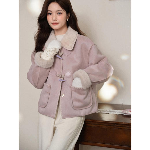 鹿向南「胭脂四画」藕粉色短款加厚毛领外套女秋冬宽松中式上衣 商品图4