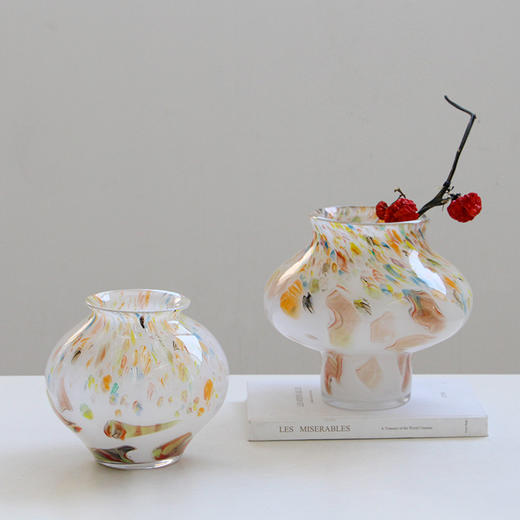 中古玻璃混彩小口圆形花瓶酒店样板房干花鲜花复古轻奢软装餐桌摆 商品图6