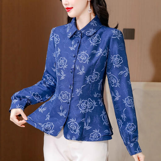 XMZ10702025秋季天丝棉牛仔衬衫上衣女提花设计感收腰显瘦翻领长袖衬衣 商品图0