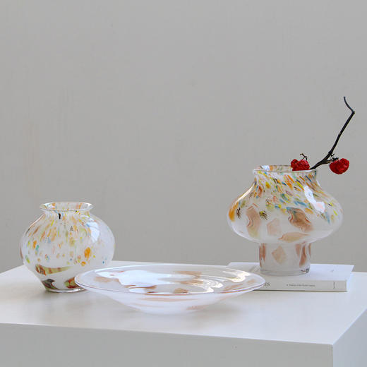 中古玻璃混彩小口圆形花瓶酒店样板房干花鲜花复古轻奢软装餐桌摆 商品图3