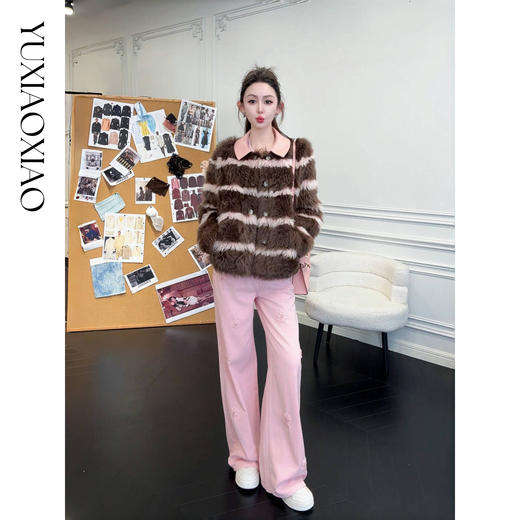 余潇潇【摩卡曲奇】纹理感托卡羊皮毛一体撞色拼接翻领皮草外套 商品图4