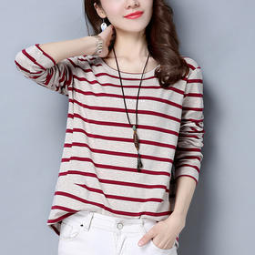 丁摩 长袖T恤女宽松大码新款春秋体恤打底衫春季条纹上衣5ZF-7059