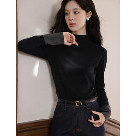 鹿向南「加缪情书」法式半高领黑色长袖T恤女秋修身显瘦打底上衣