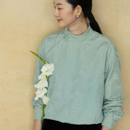 牧衣游原创 重磅28姆米丝棉提花衬衫新款温婉立领中式衬衣 山川 商品图0