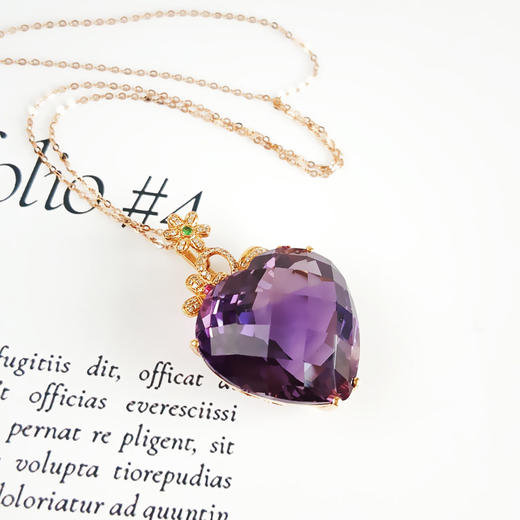 【天然正品】AU750玫瑰金镶钻镶天然近全净体心形巴西紫水晶吊坠项链链长：45CM（长度可调节）女士150925TJ28现售价：5280 商品图2