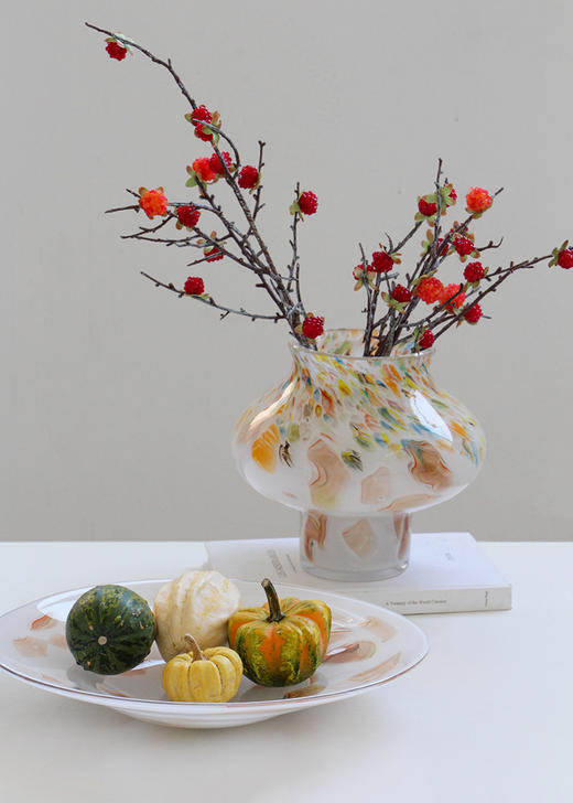 中古玻璃混彩小口圆形花瓶酒店样板房干花鲜花复古轻奢软装餐桌摆 商品图1