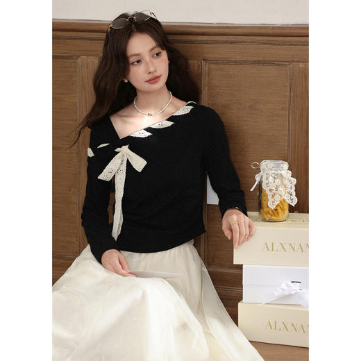 鹿向南「黑巧甜心」不规则黑色长袖t恤女秋小众独特修身斜肩上衣 商品图4