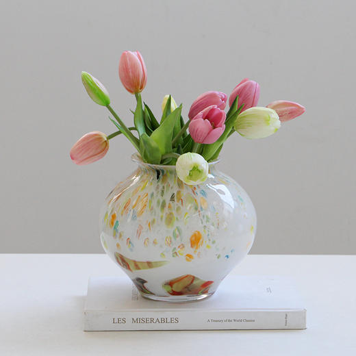 中古玻璃混彩小口圆形花瓶酒店样板房干花鲜花复古轻奢软装餐桌摆 商品图9