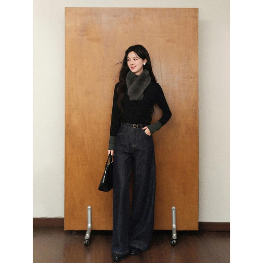 鹿向南「加缪情书」法式半高领黑色长袖T恤女秋修身显瘦打底上衣 商品图4