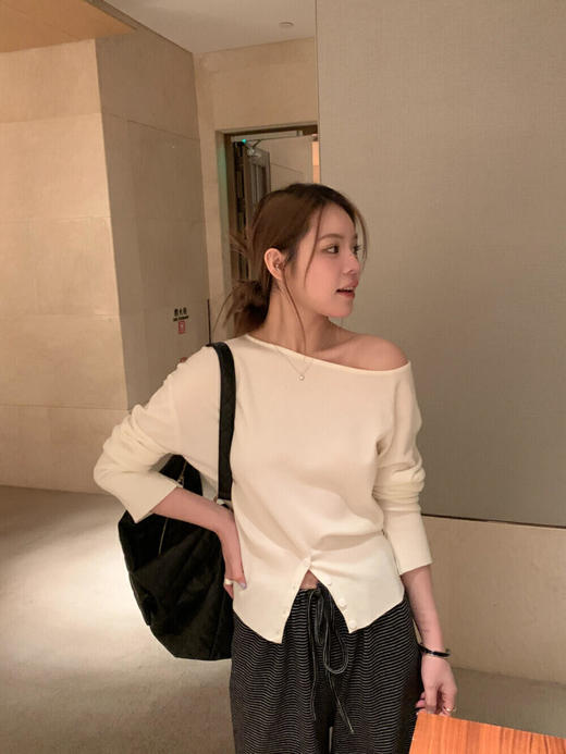 会员福利【性感斜肩+绵羊毛】拉夏贝尔/La Chapelle不规则设计感斜肩开衩气质长袖针织衫超高性价比 商品图10