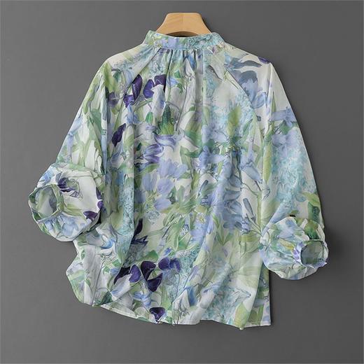 丁摩 淡紫和青绿 朦胧花卉印花 桑蚕丝棉 圆领衬衫女5ZF-33343 商品图2