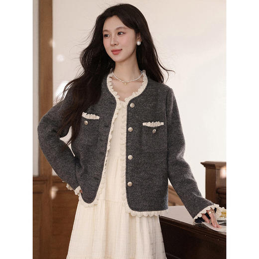 鹿向南「优雅公式」灰色短款外套女款秋冬宽松小众设计感法式上衣 商品图0