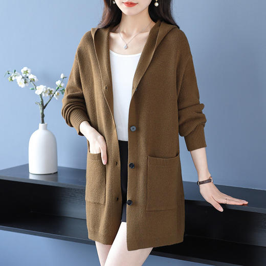 XX6352-198连帽针织开衫女2025秋季长款洋气大码妈妈装毛衣外套宽松休闲时尚 商品图1