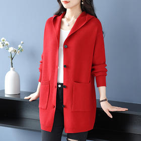 XX6352-198连帽针织开衫女2025秋季长款洋气大码妈妈装毛衣外套宽松休闲时尚