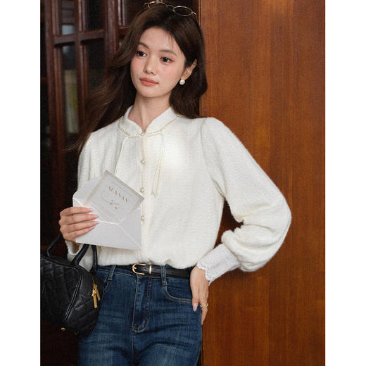 鹿向南「玉兰清茶」法式米白色新中式衬衫女秋新款设计感长袖上衣L58513 商品图0