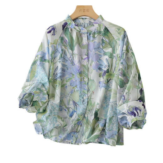 丁摩 淡紫和青绿 朦胧花卉印花 桑蚕丝棉 圆领衬衫女5ZF-33343 商品图4