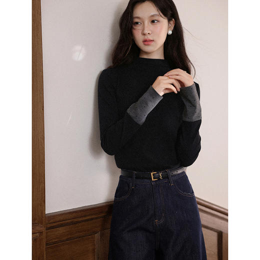 鹿向南「加缪情书」法式半高领黑色长袖T恤女秋修身显瘦打底上衣 商品图1