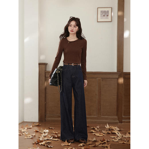 【6折秒杀】鹿向南「秋日咖啡」咖啡棕色长袖T恤女2025秋季新款显瘦内搭上衣 商品图1