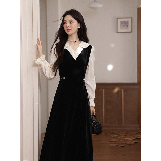 鹿向南「迷迭花园」法式假两件黑色连衣裙女秋季新款收腰显瘦长裙 商品图0