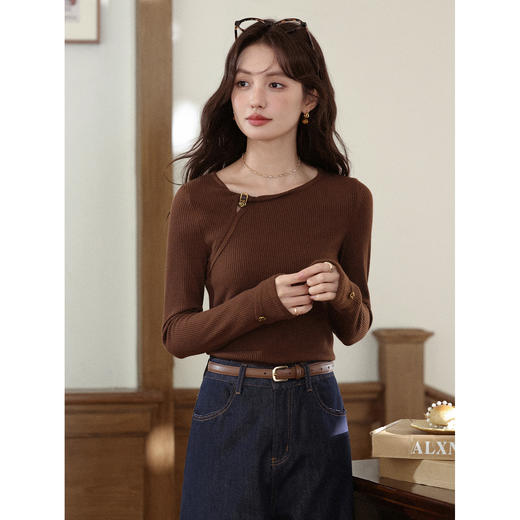 【6折秒杀】鹿向南「秋日咖啡」咖啡棕色长袖T恤女2025秋季新款显瘦内搭上衣 商品图2