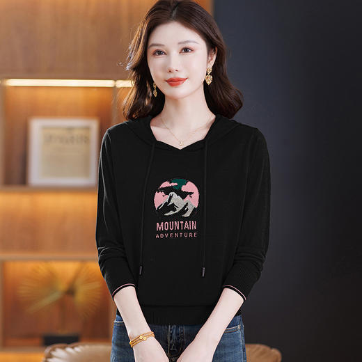 A5305--ALF印花短款连帽女士针织衫套头卫衣衫2025年新款秋季时尚气质上衣 商品图1