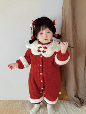 【贺岁国潮风！东方美学萌趣】宝宝拜年服 0-1-2岁中国风女婴冬装连体衣加绒爬爬服周岁宝宝衣服。hb