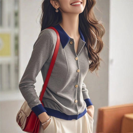 XMZ1049灰色拼接polo领针织衫女士秋冬季高级洋气打底开衫显瘦设计感上衣 商品图3