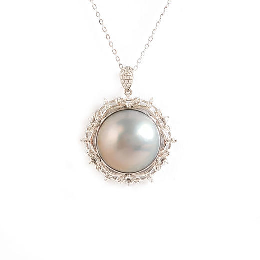 【天然正品】AU750白金镶钻镶天然约14.5MM马贝海水珍珠吊坠项链链长：45CM（长度可调节）女士150925TJ24现售价：2880 商品图0