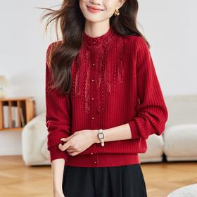 AS-95352025秋冬新款红色木耳边优雅通勤内搭外穿打底上衣立领针织衫女