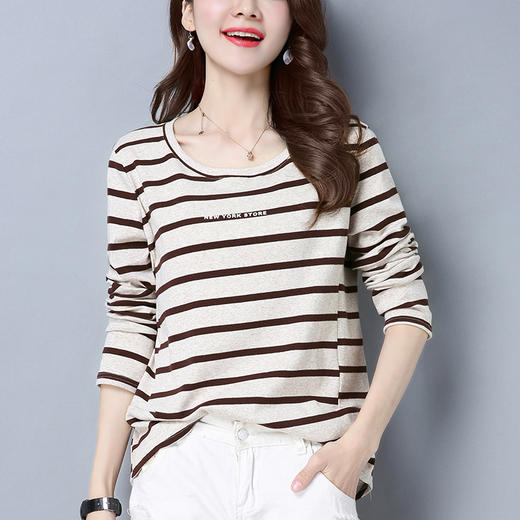 丁摩 长袖T恤女宽松大码新款春秋体恤打底衫春季条纹上衣5ZF-7059 商品图2