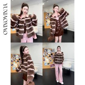 余潇潇【摩卡曲奇】纹理感托卡羊皮毛一体撞色拼接翻领皮草外套