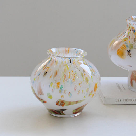 中古玻璃混彩小口圆形花瓶酒店样板房干花鲜花复古轻奢软装餐桌摆 商品图2