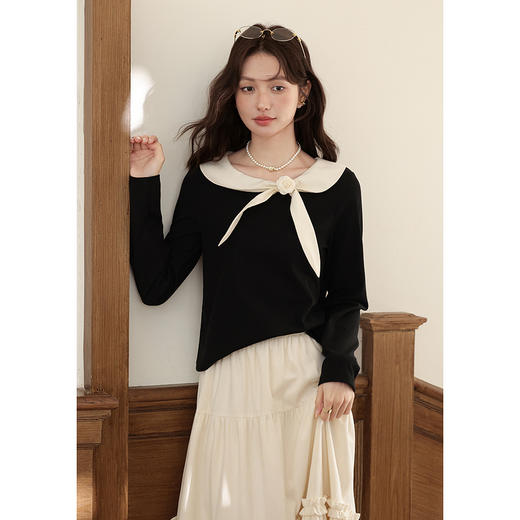 鹿向南「风传花信」黑色宽松长袖正肩t恤女秋小众设计感好看上衣 商品图1