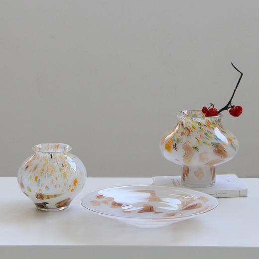 中古玻璃混彩小口圆形花瓶酒店样板房干花鲜花复古轻奢软装餐桌摆 商品图4