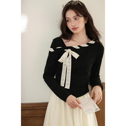 鹿向南「黑巧甜心」不规则黑色长袖t恤女秋小众独特修身斜肩上衣 商品图3