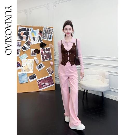 余潇潇【时光魔法】绵羊毛混纺拼珍珠扣镂空设计假两件翻领修身毛衣 商品图3