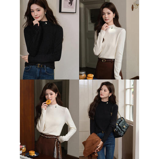 鹿向南「轨事往日」米白色半高领长袖t恤女早秋新款修身内搭上衣 商品图0